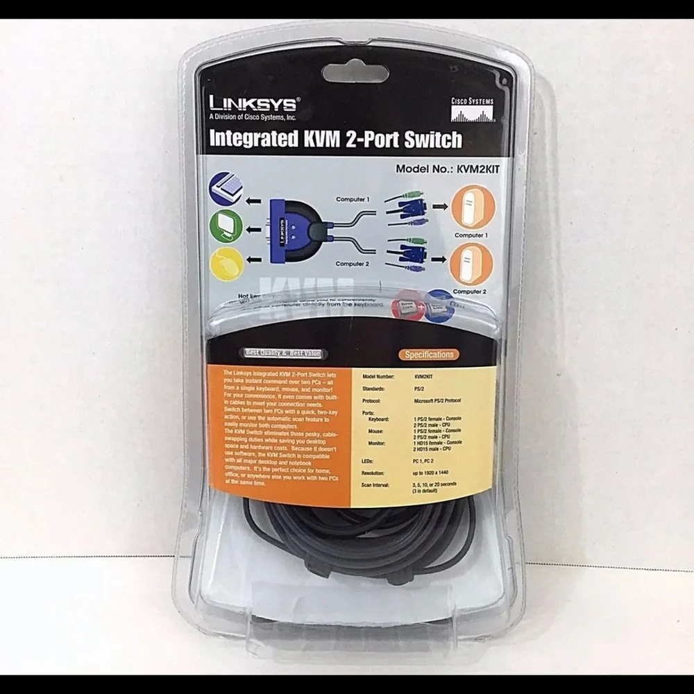 Linksys Integrated KVM 2 Port Switch KVM2KIT Built In Cables Control 2 PC Cisco